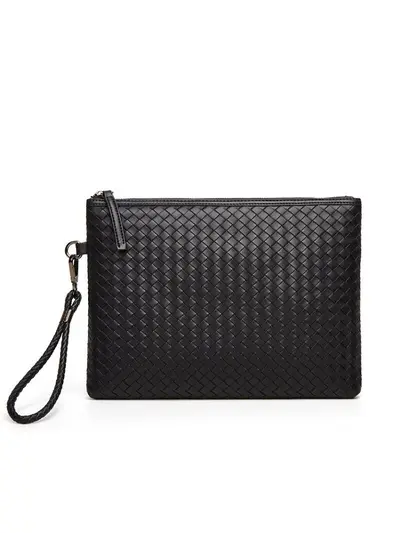 Men's Woven Clutch Bag, Soft Leather, Waterproof Zipper Wrist Bag - 3