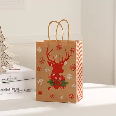 Noel Kraft Kağıt Hediye Çantası, Kar Tanesi ve Geyik Desenli - 8