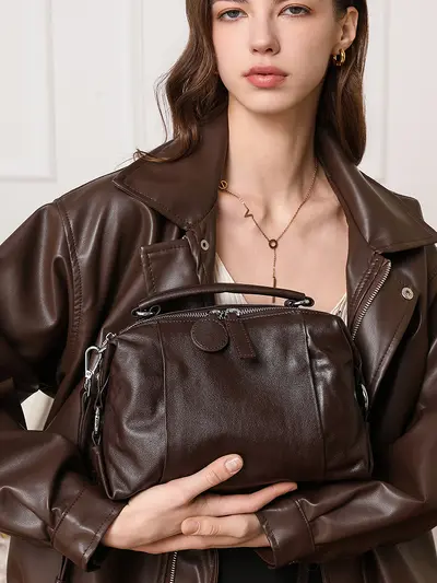 Women's Genuine Leather Boston Bag with Crossbody Strap - 4