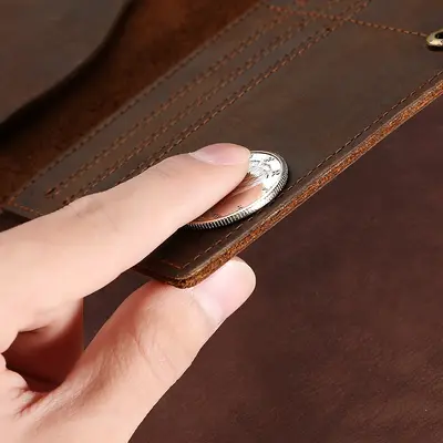 Men's Vintage Crazy Horse Leather Long Wallet, Tri-Fold, Genuine Leather, Cowhide - 4