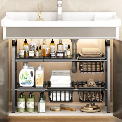 Ev tipi mutfak dolabı altı lavabo dolabı iç katmanlı saklama rafı çok fonksiyonlu geri çekilebilir saklama rafı - 2