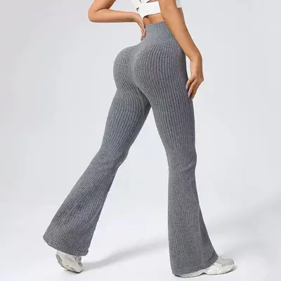 Women's Ribbed Knit Micro Flare Yoga Pants, High Waist, Seamless - 7
