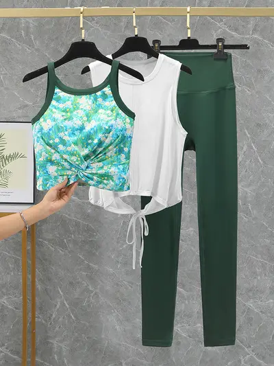 Kadın Kaldırıcı Yoga Pantolonu, Baskılı İki Parça Pilates Fitness Takımı