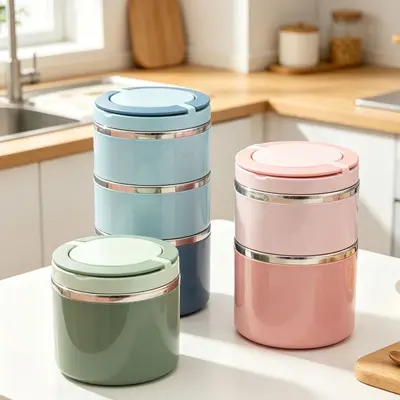 Stainless Steel Lunch Box, Single, Double and Triple Layer, Sealed, Double Handles