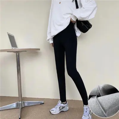 Women's Grey Thin Fleece Ribbed Leggings, Stretch, Plus Size - 10