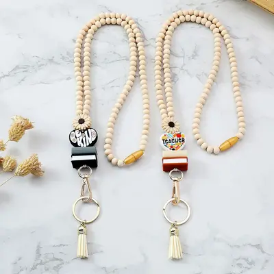 Wooden Bead Tassel Keychain and ID Badge Neck Lanyard