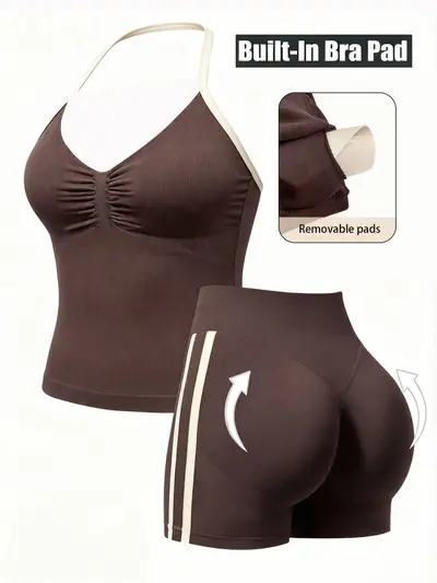 Color-Block Halter Neck Yoga Set with Chest Pads, Body-Shaping - 2