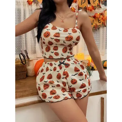 Women's Pumpkin Print Bow Suspender Shorts Set, 2-Piece Homewear