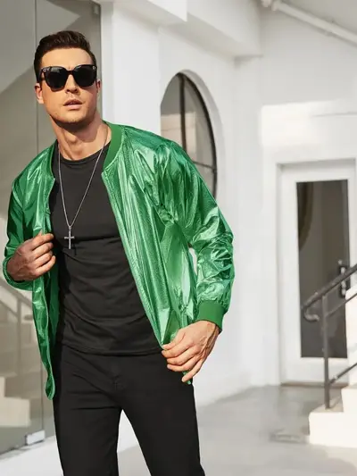 Men's Glossy Metallic Zip-Up Jacket, 70s Disco Style - 12