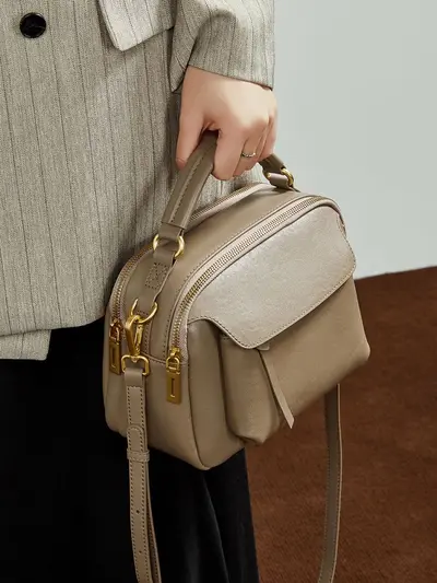 Genuine Leather Boston Bag, Vegetable-Tanned Cowhide, Crystal Detail