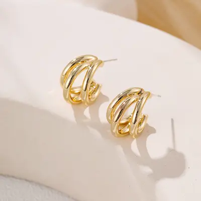 S925 Silver Needle Triple-Ring Earrings, Copper Gold-Plated - 7