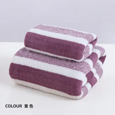 跨境条纹珊瑚绒毛巾大浴巾方巾8件套装柔软吸水宽条洗脸毛巾towel - 11