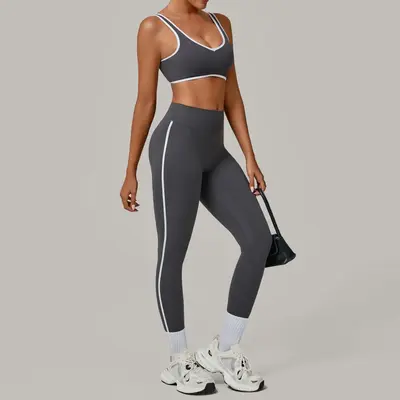 Contrast Binding Backless Yoga Set, Quick-Dry, 3914+4601 - 11