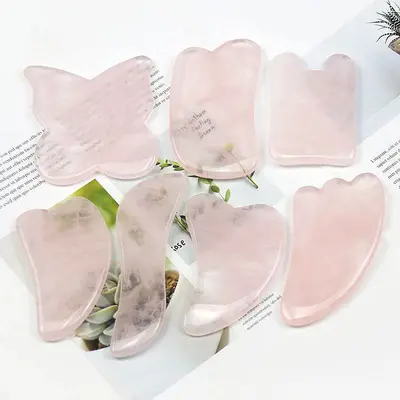 Pembe Kristal Gua Sha Taş, Pembe Kristal Yüz Masaj Rulo, Terasiş Masaj Taşı, Çiçek Taşı Kalp Şekli Jade Taş