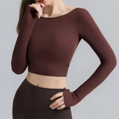 Women's Long Sleeve Yoga Top with Built-in Bra Pads, Long Pilates and Fitness Training Wea - 7