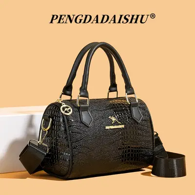 Crocodile Pattern Women's Handbag, Black, Wide Strap, Casual Crossbody
