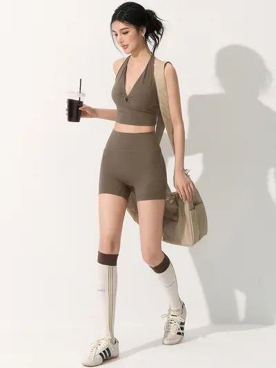 Women's Yoga Set with Thin-Strap Vest and High-Waist Fitness Shorts - 5