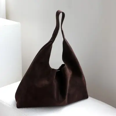 Genuine Leather Tote Bag with Suede Look, Large Capacity, Single Shoulder