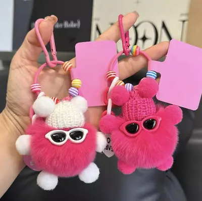 Faux Rabbit Fur Coal Ball Bag Charm and Keychain
