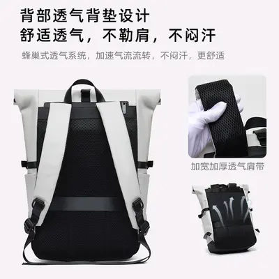 Men's Solid Color Roll-Top Backpack, Customizable Logo - 3