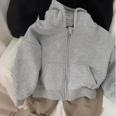 Kapuzen-Sweatshirt-Strickjacke für Jungen, einfarbig, locker, Frühling bis Winter