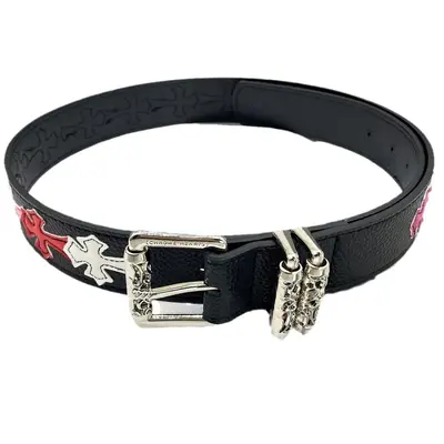 Chrome Hearts Sacred Sword Cross Belt for Men, Roller Hollow Design, Evergreen Style, Hanging Pattern Women's Belt, Celebrity Style, Perforated Heart Design.