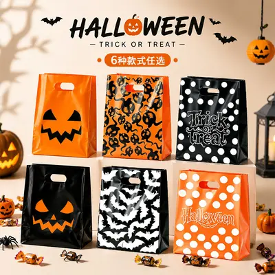 Halloween-Plastiktasche in Schwarz, Kürbis-Süßigkeitentasche