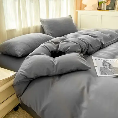 Manufacturer wholesale solid color washed cotton four-piece set plain brushed bedding set ins style sheet duvet cover three-piece set 3 - 10