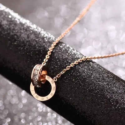 Titankarbonstahl Doppelring-Halskette, 18K Roségold vergoldet - 4