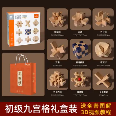 Wooden Luban Lock Classic Brain Teaser Puzzle for Adults and Children - 9