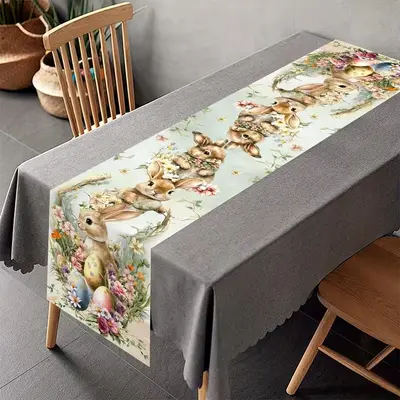 Easter Linen Table Runner with Rabbit Print - 8