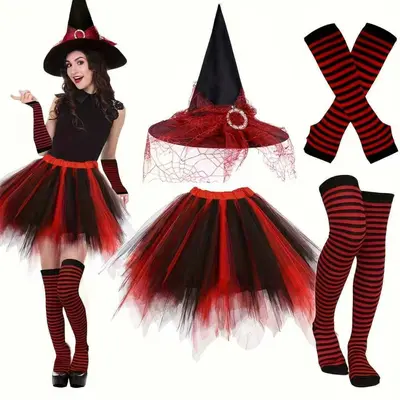 Halloween Witch Hat Set with Striped Stockings and Puffy Skirt - 8