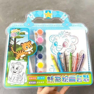 彩绘画素材儿童初学画画卡通颜料涂鸦美术套装手提小学生益智玩具