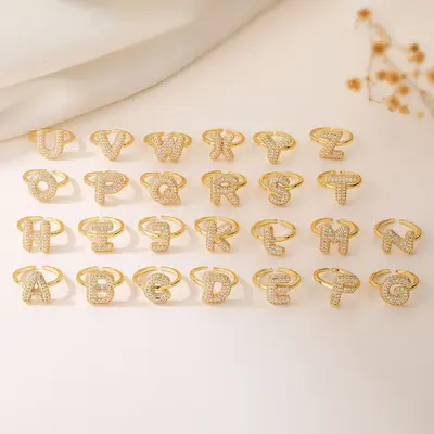 Copper-Plated 18K Gold Zircon Letter Ring for Women
