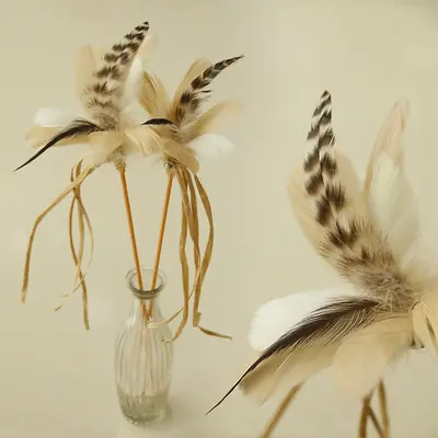 Natural Feather Cat Teaser Wand with Long Raffia Tassel Stick