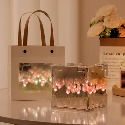 Handgefertigte DIY-Blumenwürfel Tulpe fertiges Produkt Nachtlampe kreative Schreibtischlampe Atmosphärenleuchte Dekoration Valentinstagsgeschenk - 7