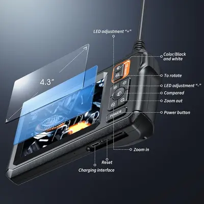 4,3 Zoll tragbarer Endoskop-Monitor Ultra-HD-Display halbsteifes Kabel mit LED-Licht Industrie-Rohrinspektions-Videokamera