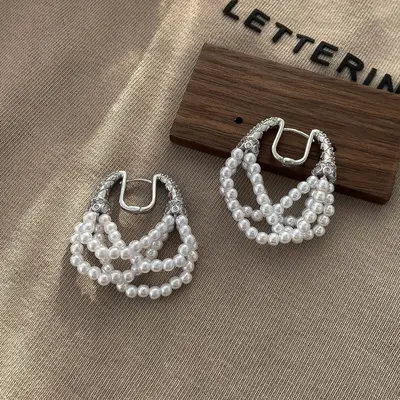 Silver flower geometric earrings, rhinestone, women's - 8