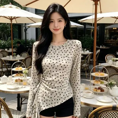 Women's Korean Style Irregular Polka Dot Long Sleeve T-Shirt - 7