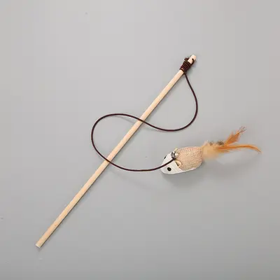 Handgefertigte Katzenangel mit Glöckchen, Feder, Holzstab - 9