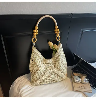 2026 Model Woven Straw Bag with Wooden Beads, Single Shoulder, Large Capacity - 7