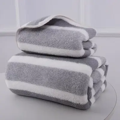 Çapraz Sınır Mercan Polar Havlu Bornoz Seti Geniş Çizgili Ev Kullanımı Büyük Boy Kalın Dokuma Dökmez Yumuşak Emici Yüz Havlusu - 7