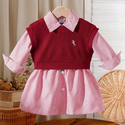 Baby Mädchen Kleidung 0-3J. Mädchen Herbst-Frühling Langarm Streifenhemd Kleid + Strickweste
