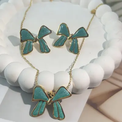 Flower and Water Drop Enamel Earring and Necklace Set, Stainless Steel