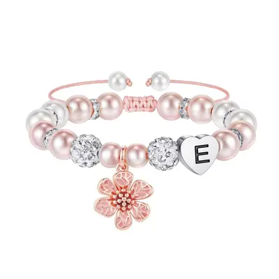 Kindertag-Geschenk Armband mit rosa Perlen, Herz und Kirschblüten-Anhänger