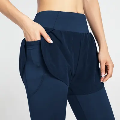 Women's Yoga Pants with Fake Two-Piece Design, Side Pockets, High Waist, Butt Lifting - 5