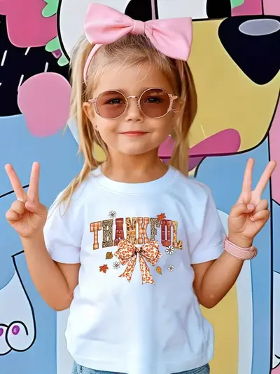 Girls' Bow Pattern Printed Short Sleeve T-Shirt, Ages 1-8