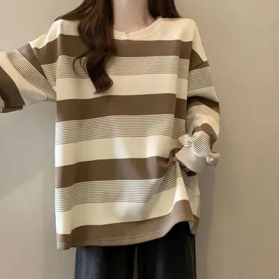 Kadınlar için Amerikan retro büyük beden çizgili sweatshirt, ilkbahar ve sonbahar ince bol BF tarzı rahat tarz uzun kollu tişört üst. - 8