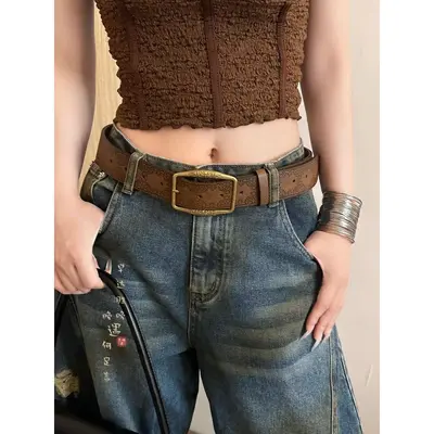 Amerikan tarzı deri kemer erkek bel kemeri y2k kadın yeni model genç kişiler spicy kız etek kombinasyonu antik bakır baskı trend retro kahverengi