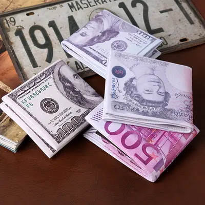 Men's Short Zipper PU Leather Wallet, Banknote Pattern, Folding - 1